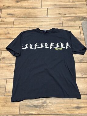 Vintage 90s Nautica Mens XXL Black Made in USA Surfer Sequence AOP T Shirt